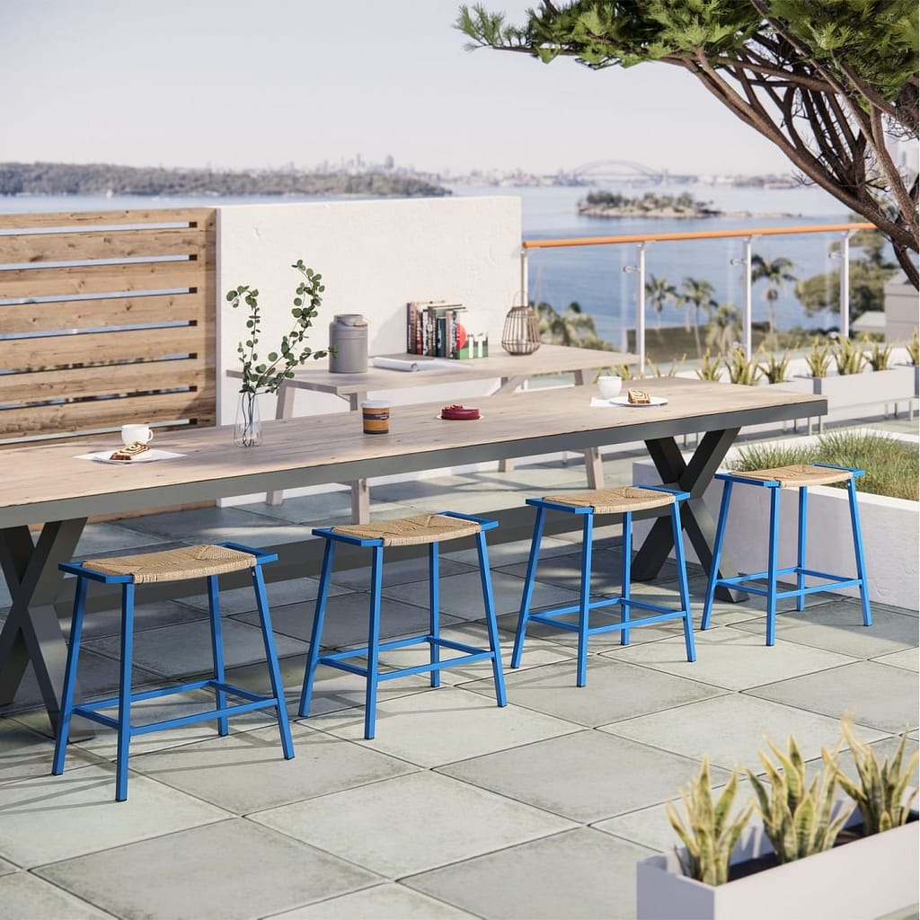 blue outdoor rattan bar stools