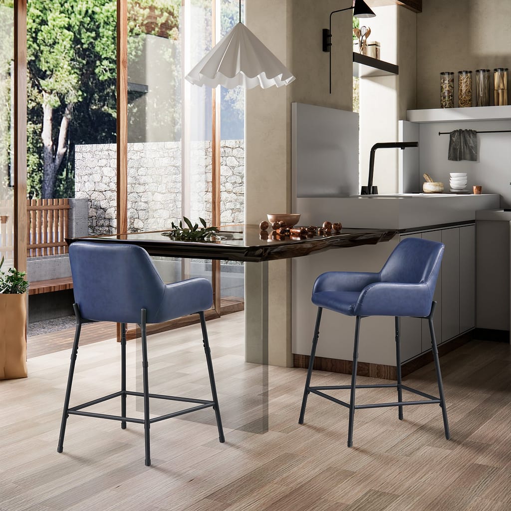 blue Low Back Bar Stools With Arms set of 2