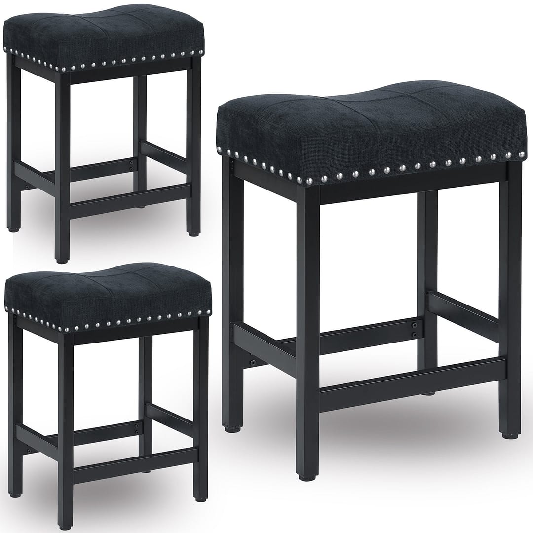 Counter Height Bar Stools Set of 3, Black Fabric
