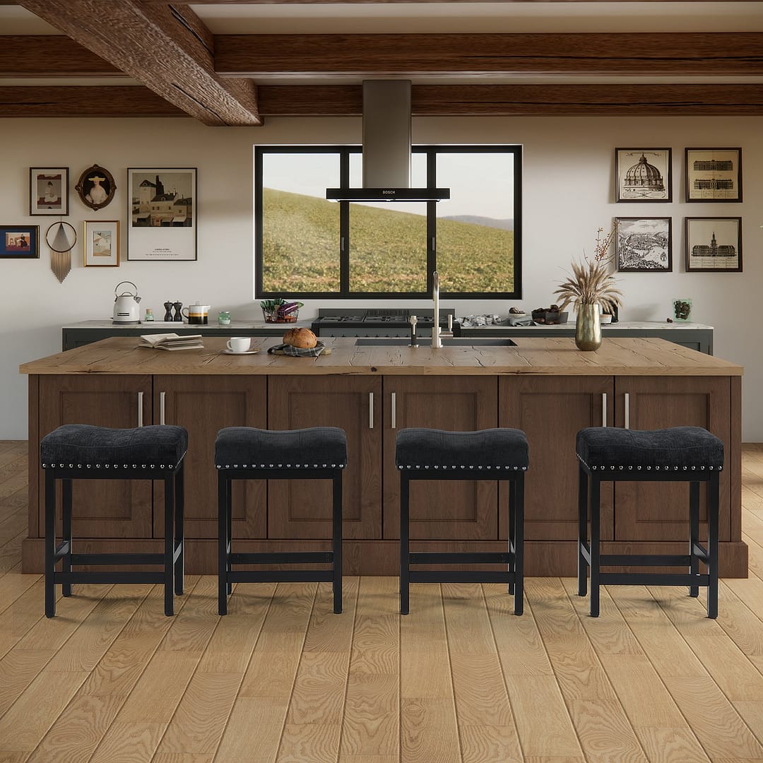 Counter Height Bar Stools Set of 2, Black Fabric-3