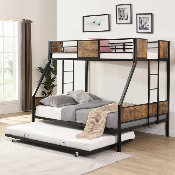 Space-Saving Twin Over Full Bunk Bed with Trundle in Rustic Brown-3