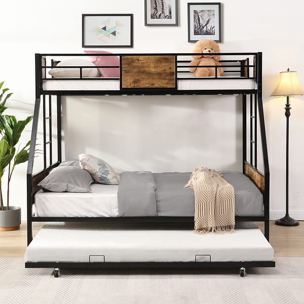 Space-Saving Twin Over Full Bunk Bed with Trundle in Rustic Brown-1
